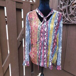 Ella Moss M Rainbow Snake Print Tie Neck Blouse NEW